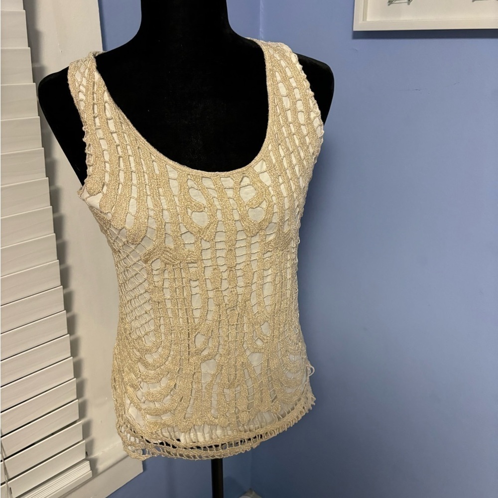 Verve Ami Sleeveless Gold Metallic Lace Overlay Tank Top